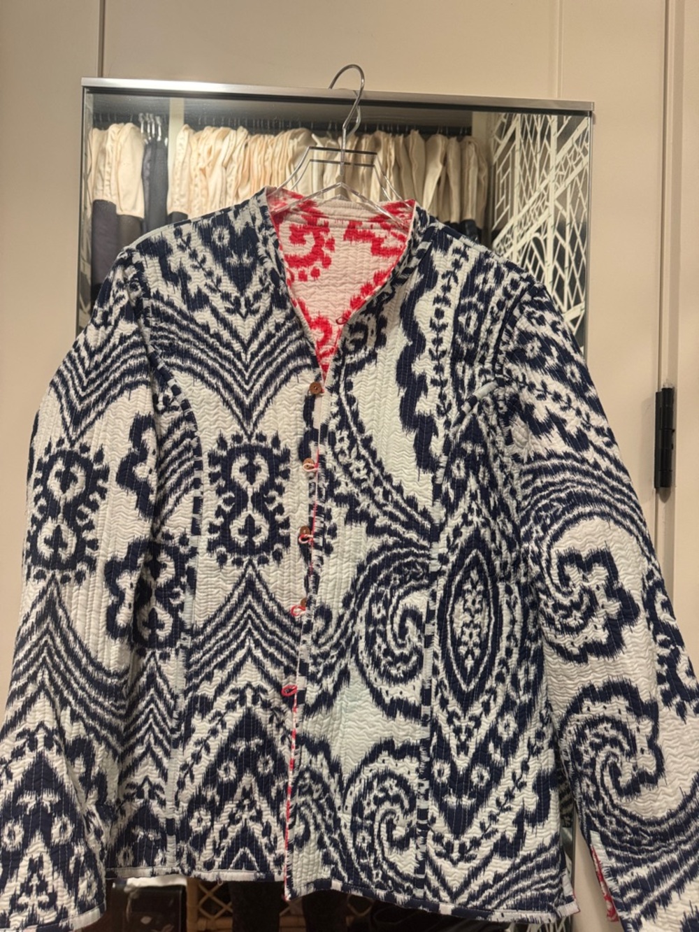 Reversible Patterned Jacket in Navy & White with Red Trim